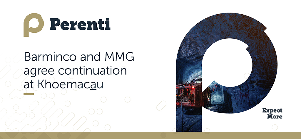 Perenti Announcement card: Perenti logo + Barminco and MMG agreed continuation at Khoemacau + big Perenti "P"